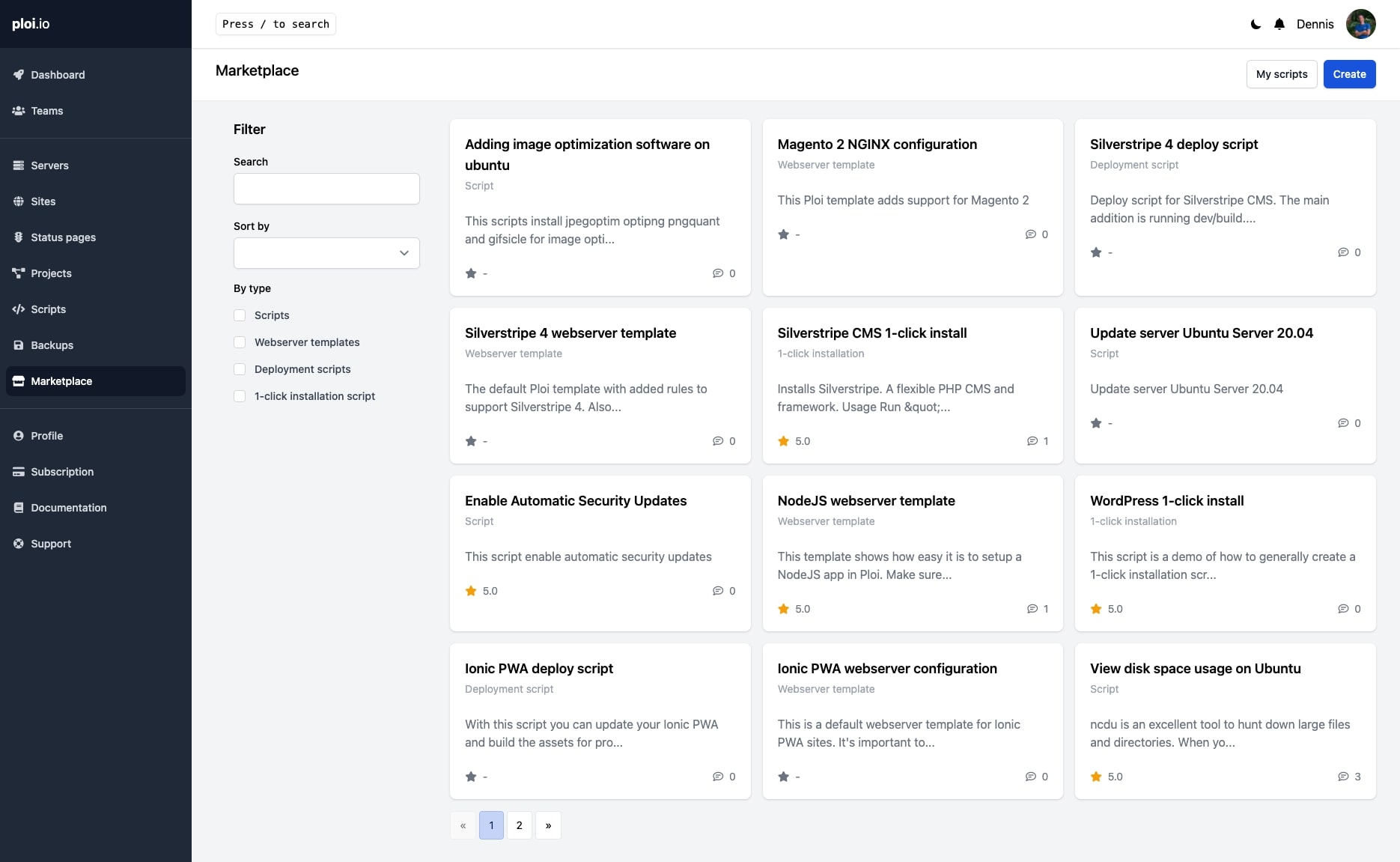 Marketplace script sharing interface